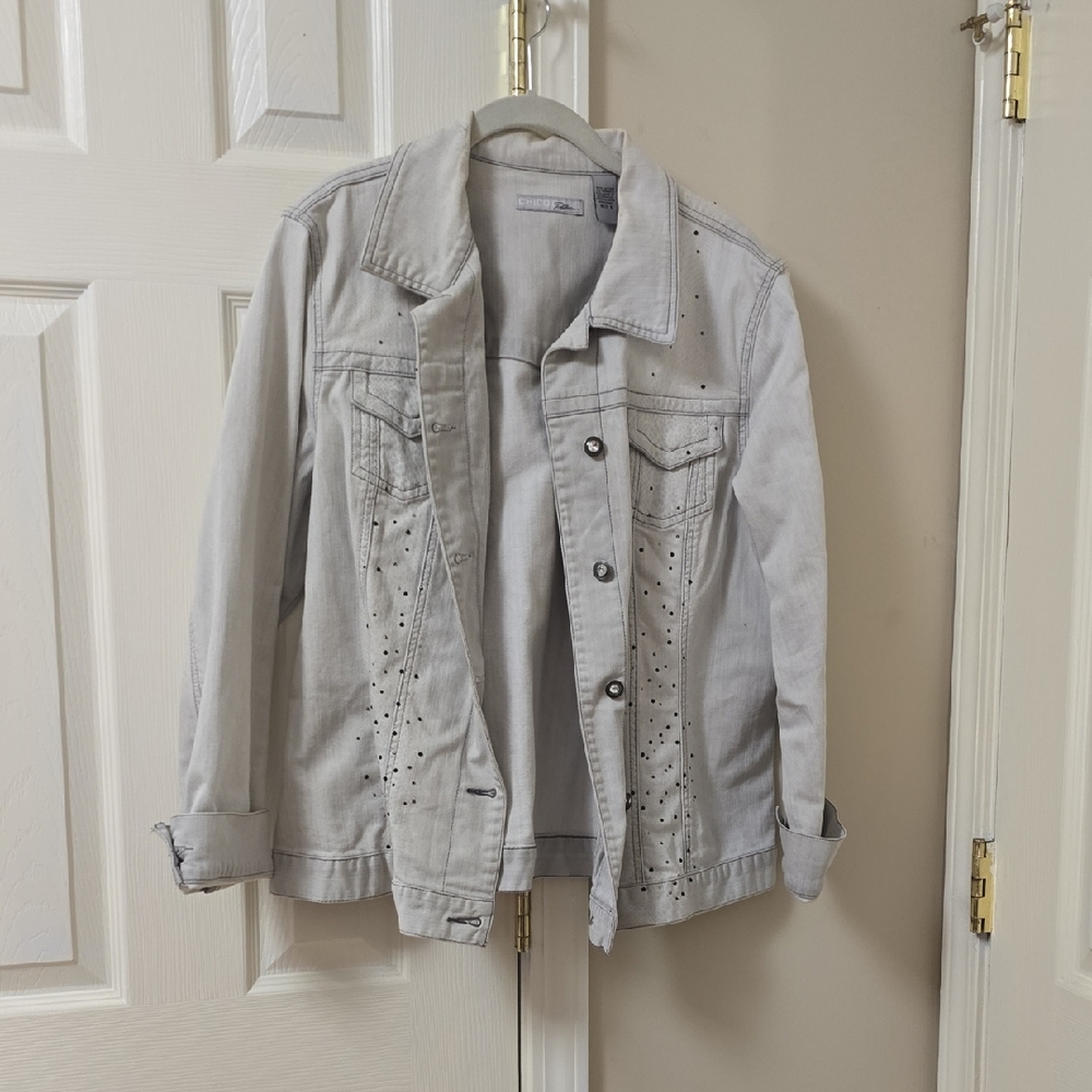 Chico's Light Gray Jean Jacket with Studded Design